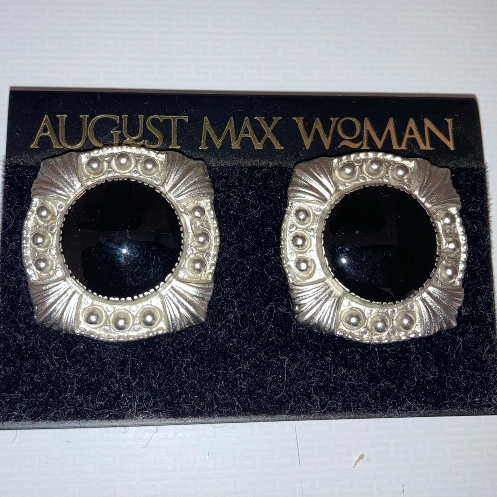 Vintage, silver tone and enamel square clip on earrings with filigree